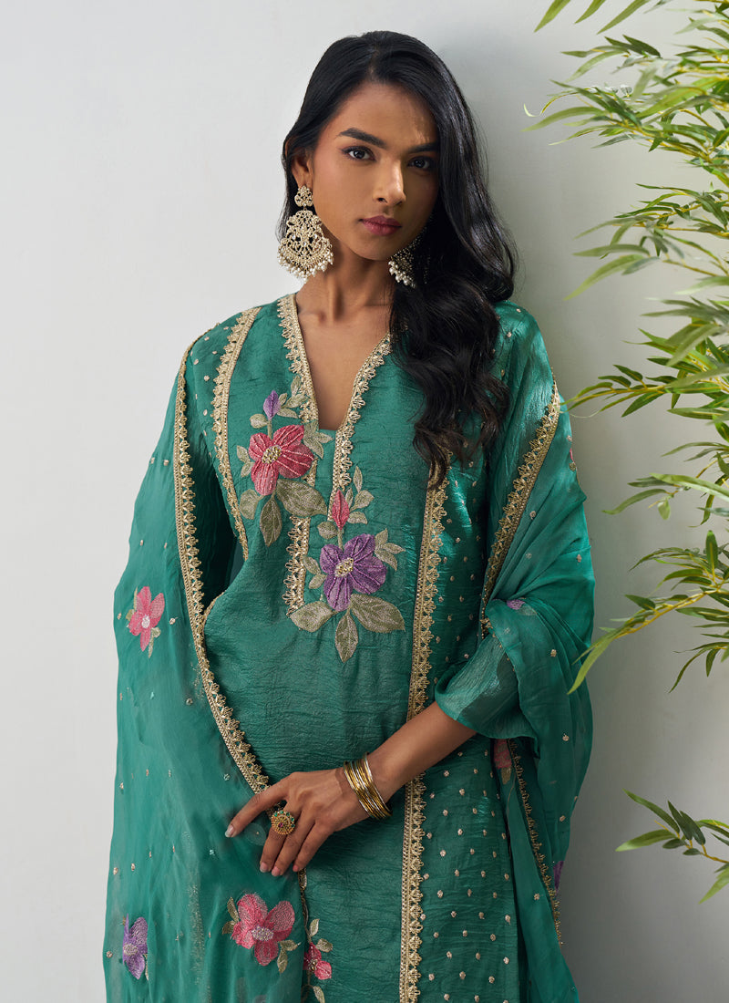 Bottle Green Fancy Crust Top Embroidered Salwar Suit