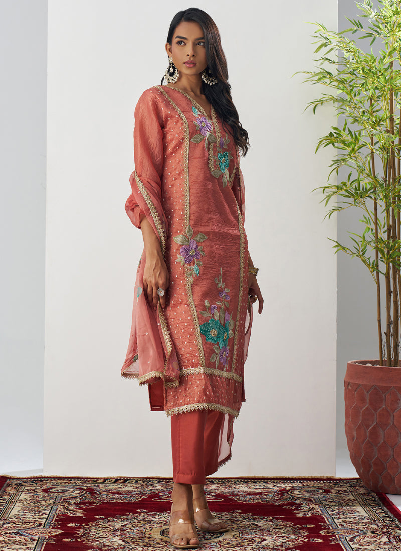 Orange Fancy Crust Top Embroidered Salwar Suit