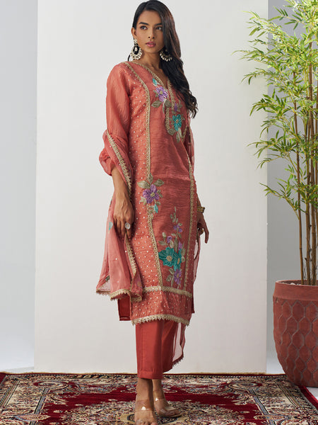 Orange Fancy Crust Top Embroidered Salwar Suit