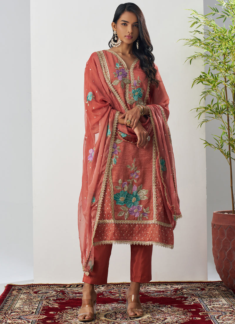 Orange Fancy Crust Top Embroidered Salwar Suit