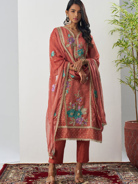 Orange Fancy Crust Top Embroidered Salwar Suit