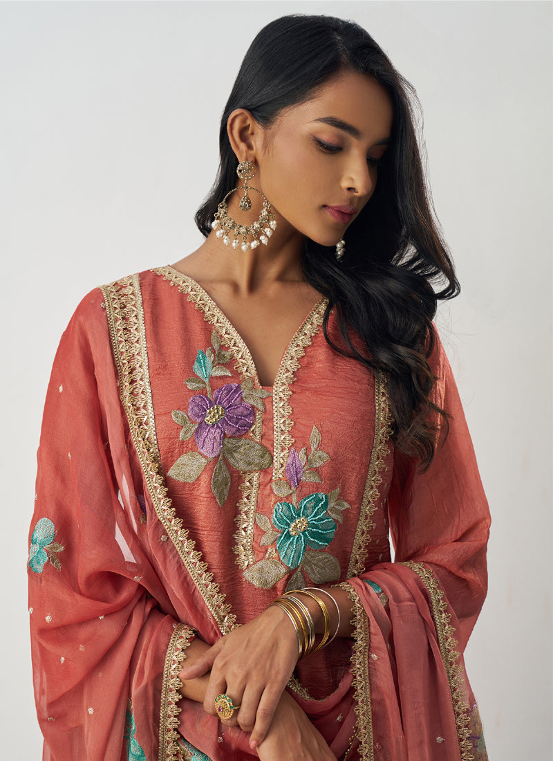 Orange Fancy Crust Top Embroidered Salwar Suit
