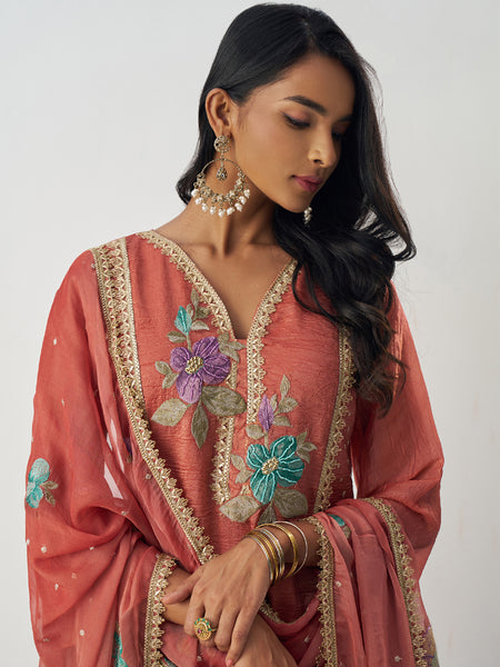 Orange Fancy Crust Top Embroidered Salwar Suit