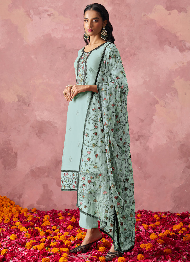 Sky Blue Georgette Embroidered Salwar Suit