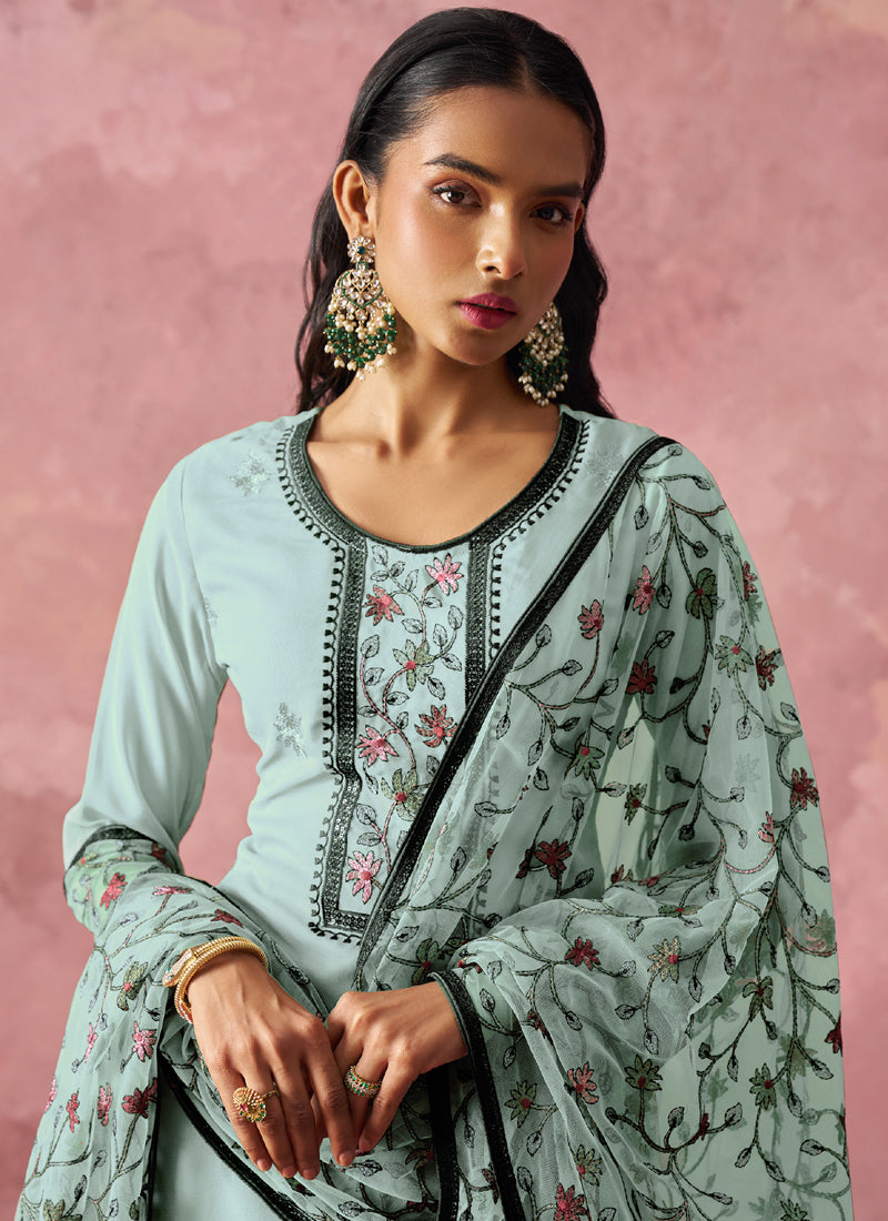 Sky Blue Georgette Embroidered Salwar Suit