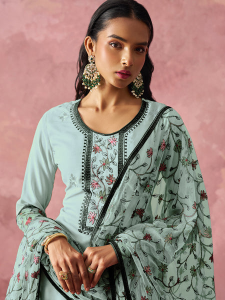Sky Blue Georgette Embroidered Salwar Suit