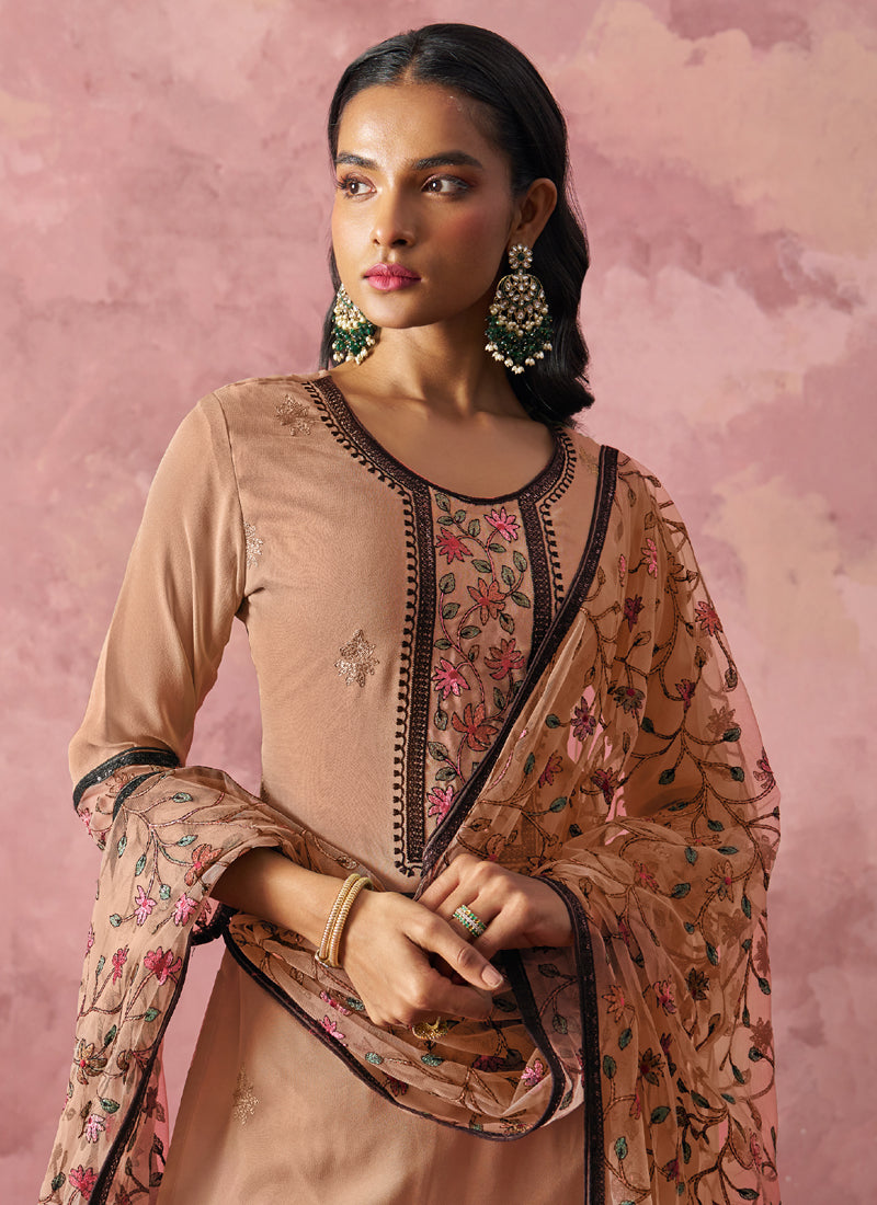 Light Orange Georgette Embroidered Salwar Suit