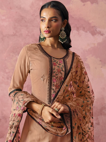 Light Orange Georgette Embroidered Salwar Suit