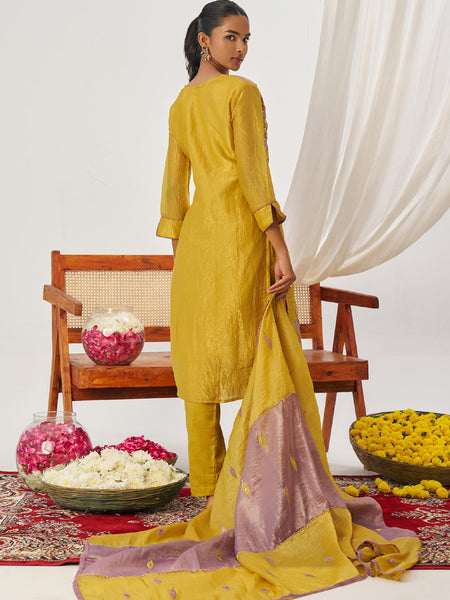 Yellow And Lavender Organza Embroidered Party Wear Suit