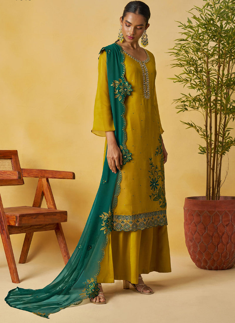 Mustard Organza Embroidered And Handwork Palazzo Suit