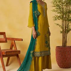 Mustard Organza Embroidered And Handwork Palazzo Suit