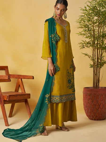 Mustard Organza Embroidered And Handwork Palazzo Suit