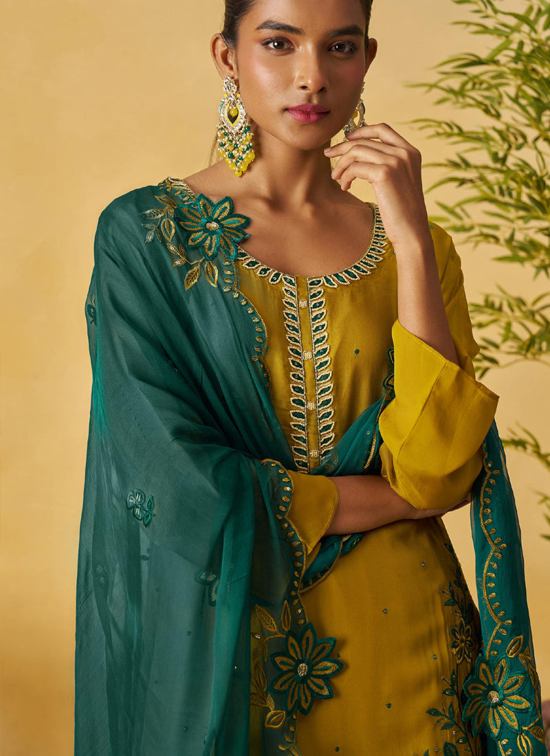 Mustard Organza Embroidered And Handwork Palazzo Suit