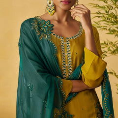 Mustard Organza Embroidered And Handwork Palazzo Suit