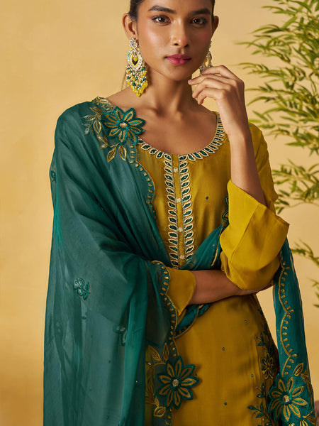 Mustard Organza Embroidered And Handwork Palazzo Suit