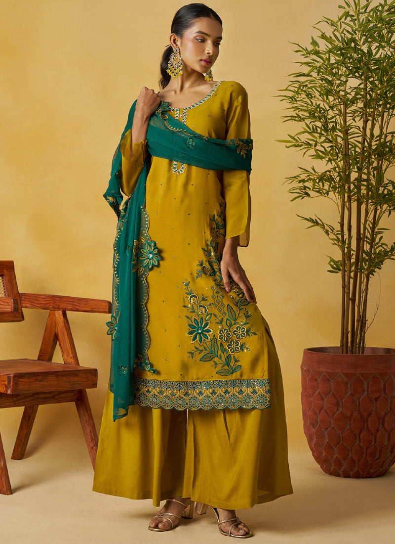 Mustard Organza Embroidered And Handwork Palazzo Suit