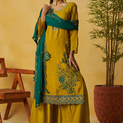 Mustard Organza Embroidered And Handwork Palazzo Suit