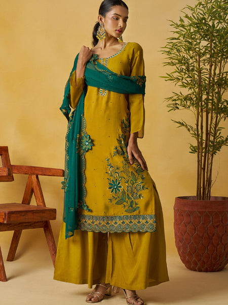 Mustard Organza Embroidered And Handwork Palazzo Suit