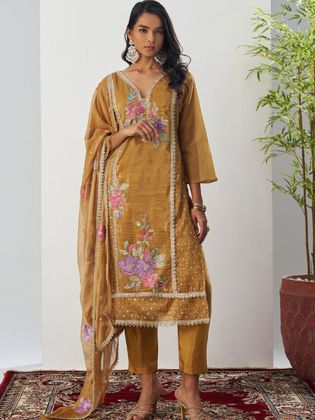 Mustard Fancy Crust Top Embroidered Salwar Suit
