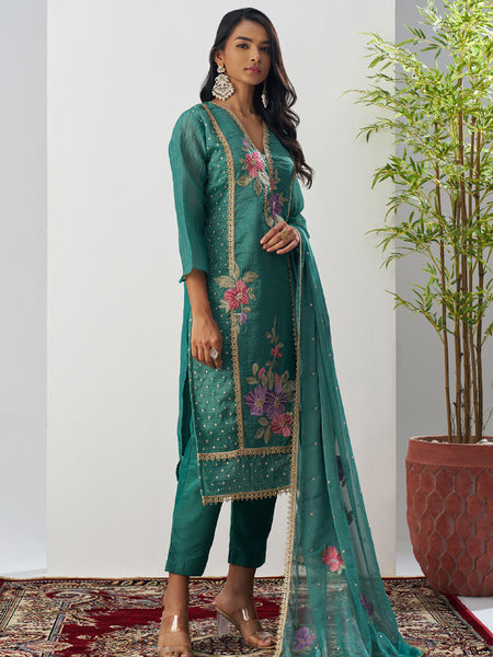 Bottle Green Fancy Crust Top Embroidered Salwar Suit