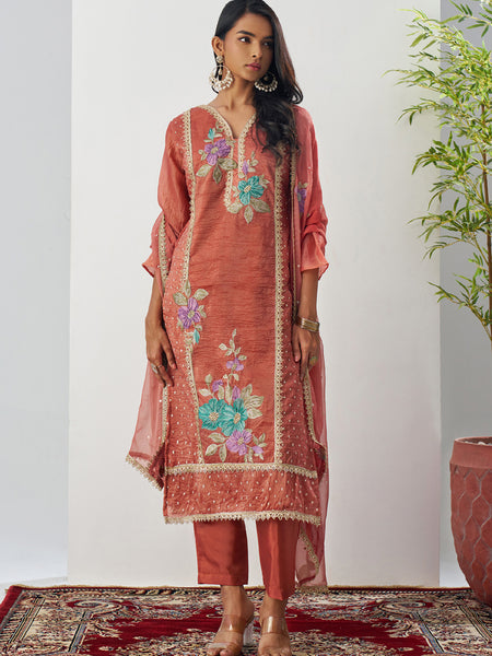 Orange Fancy Crust Top Embroidered Salwar Suit