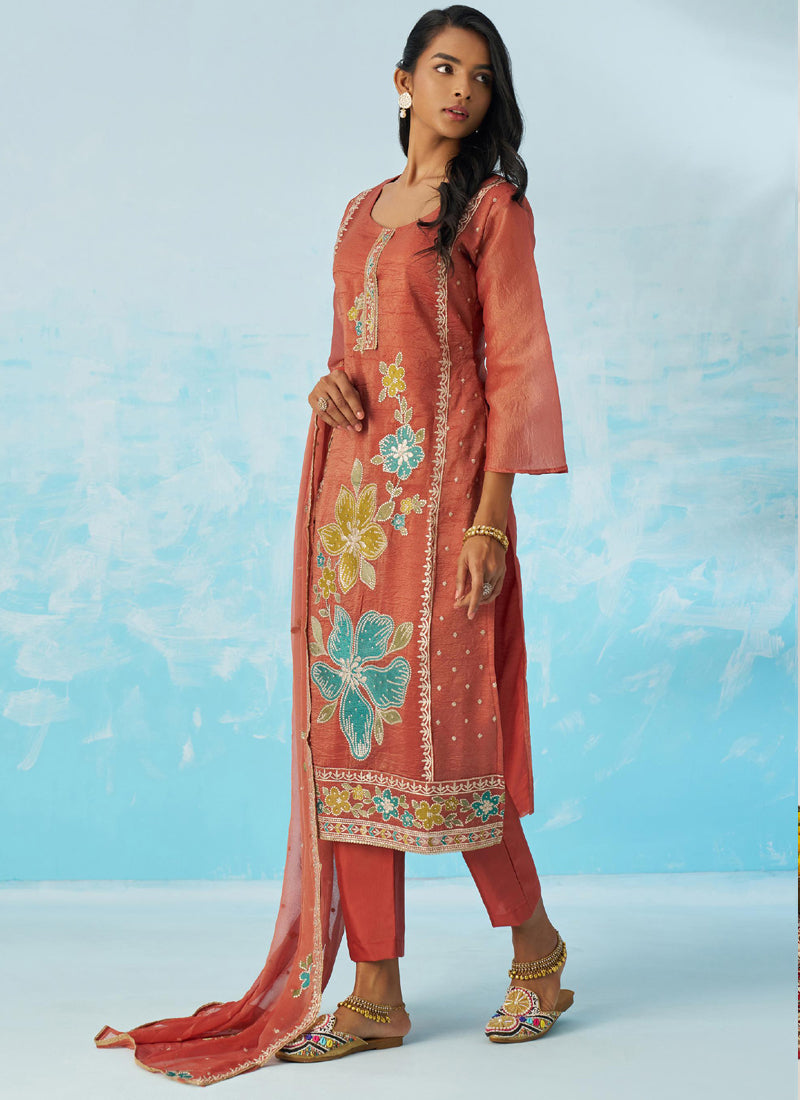 Red Organza Embroidered Party Wear Suit