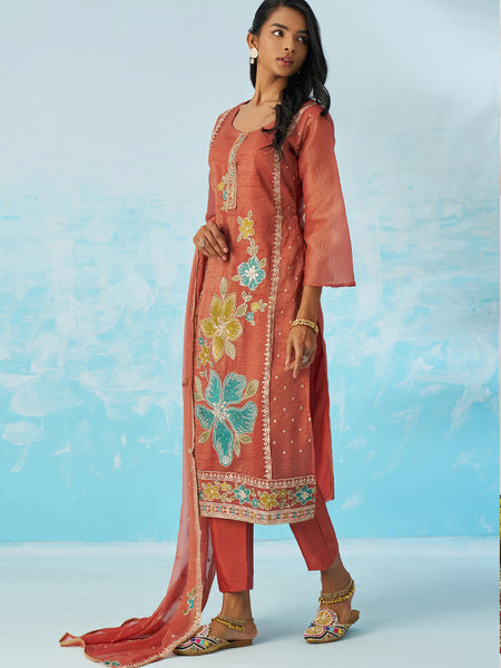 Red Organza Embroidered Party Wear Suit