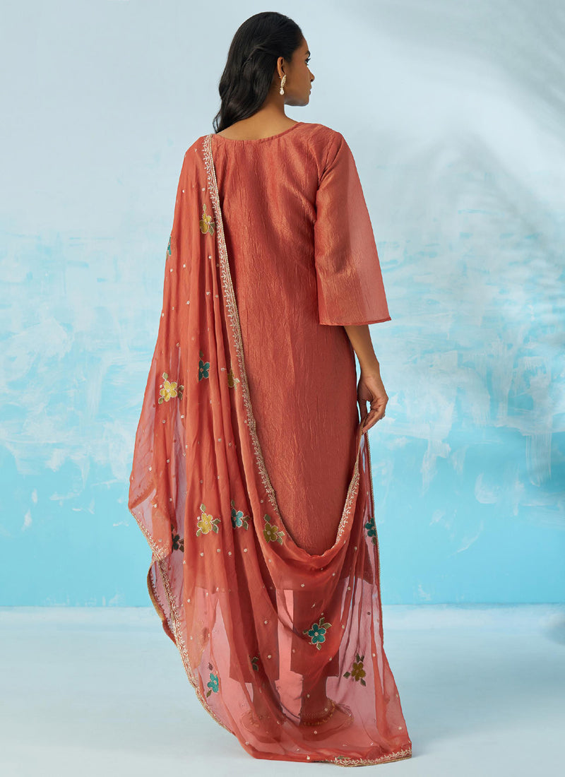 Red Organza Embroidered Party Wear Suit