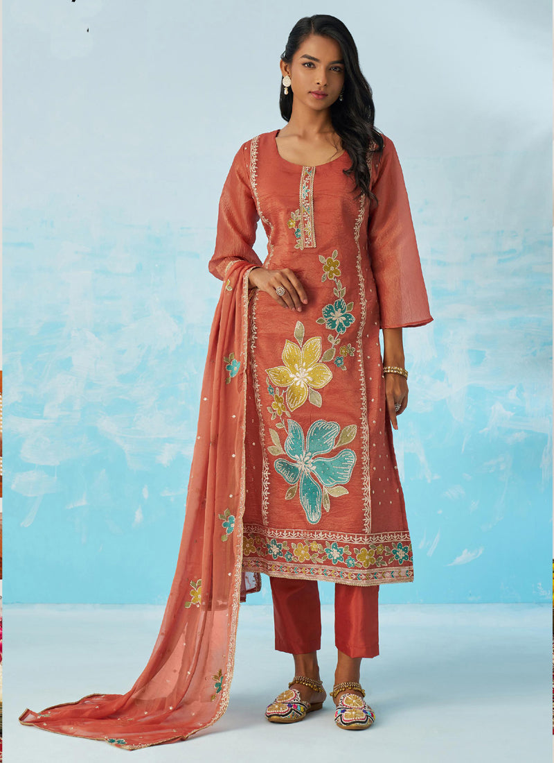 Red Organza Embroidered Party Wear Suit