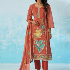 Red Organza Embroidered Party Wear Suit