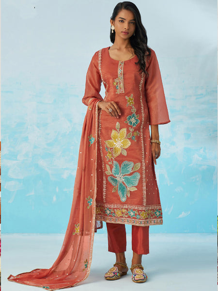 Red Organza Embroidered Party Wear Suit