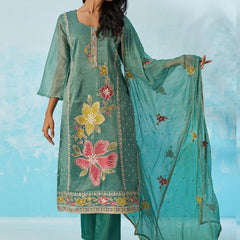 Turquoise  Organza Embroidered Party Wear Suit