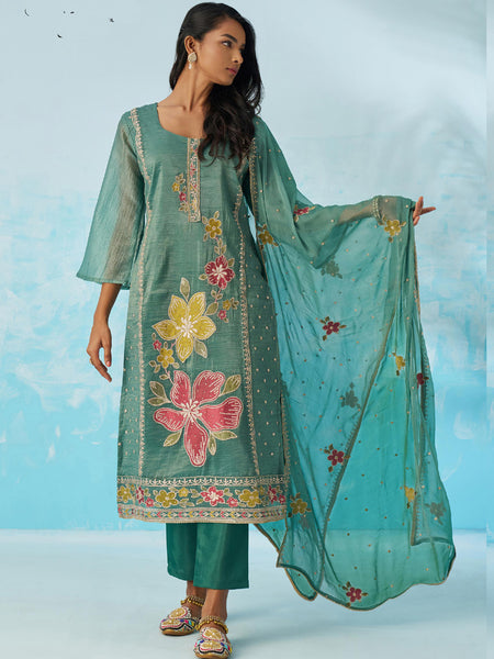 Turquoise  Organza Embroidered Party Wear Suit