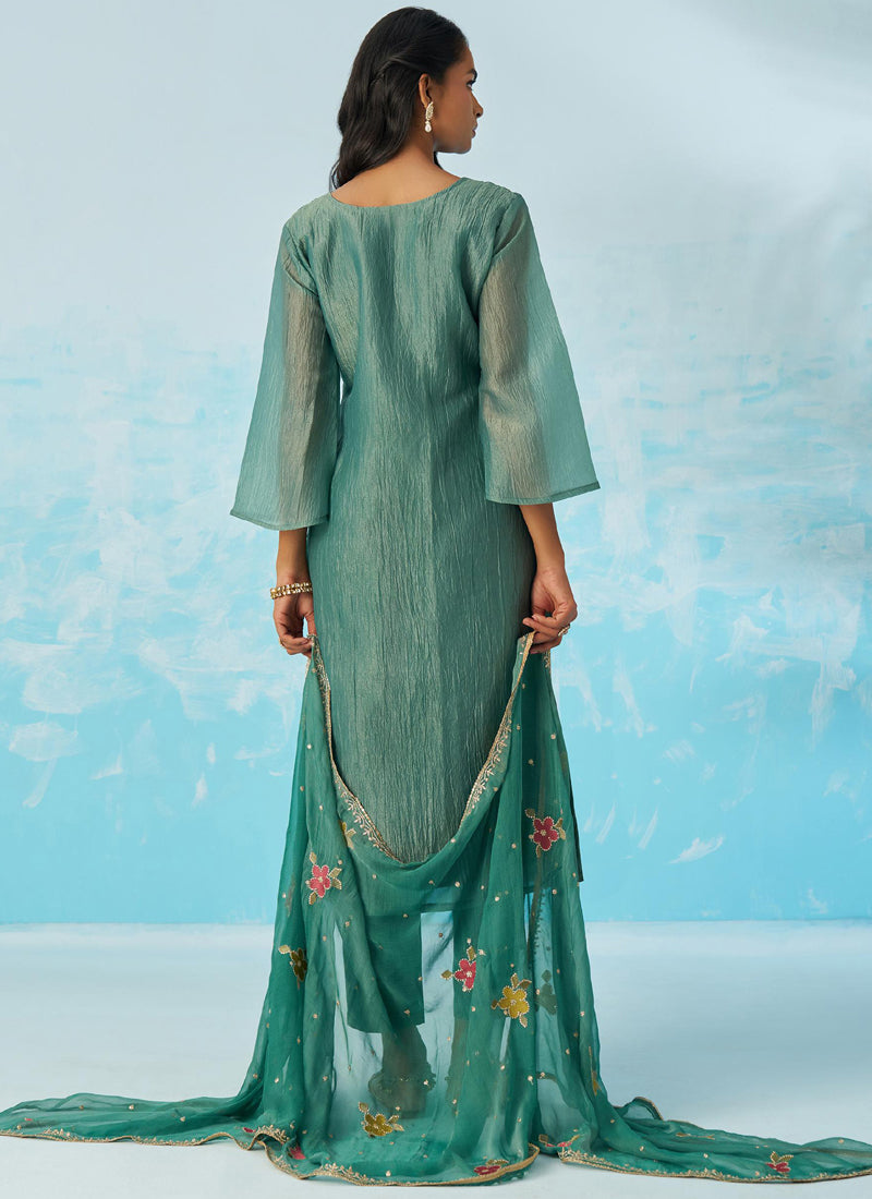 Turquoise  Organza Embroidered Party Wear Suit
