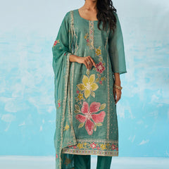 Turquoise  Organza Embroidered Party Wear Suit