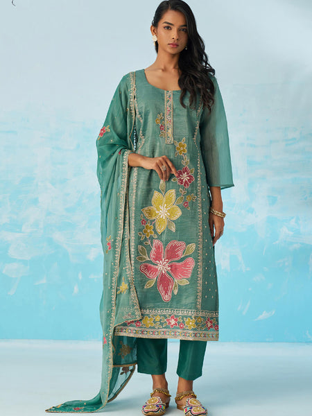 Turquoise  Organza Embroidered Party Wear Suit