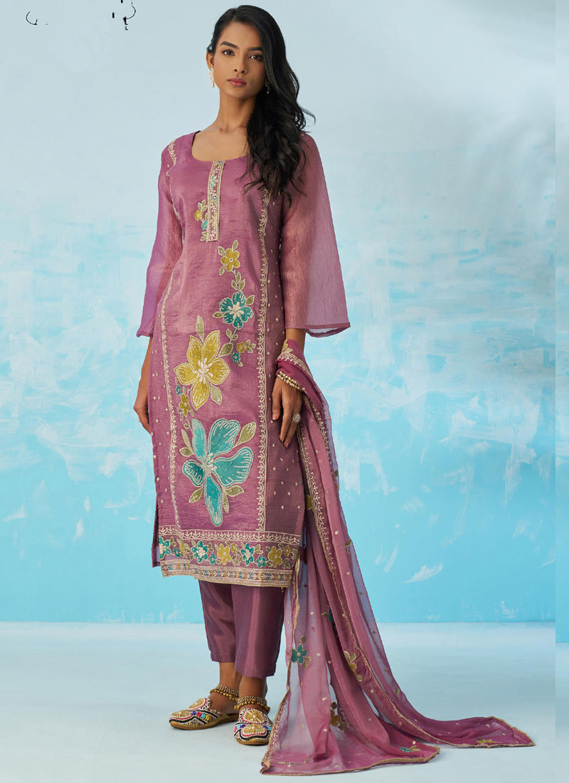 Lavender Organza Embroidered Party Wear Suit