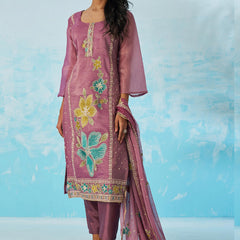 Lavender Organza Embroidered Party Wear Suit