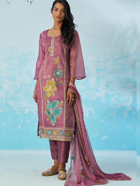 Lavender Organza Embroidered Party Wear Suit
