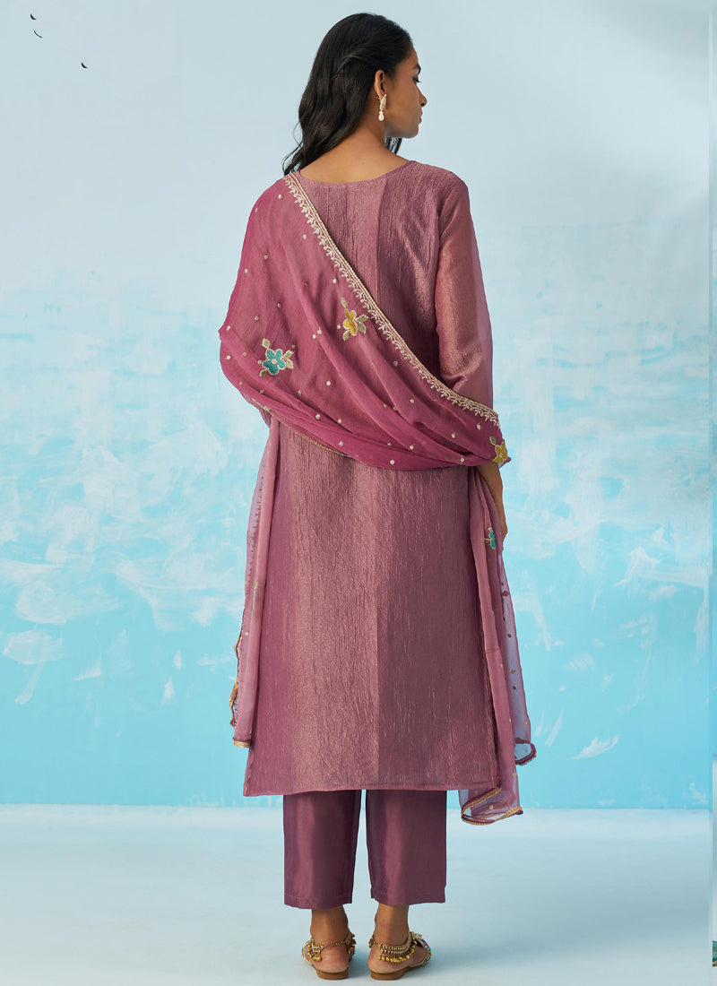 Lavender Organza Embroidered Party Wear Suit