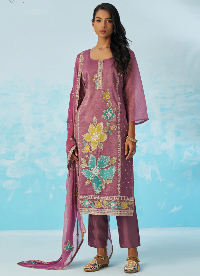 Lavender Organza Embroidered Party Wear Suit