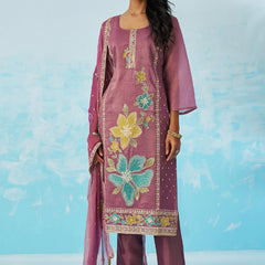 Lavender Organza Embroidered Party Wear Suit
