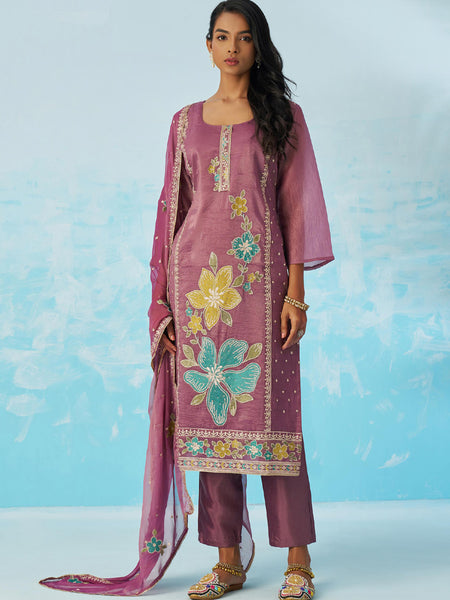 Lavender Organza Embroidered Party Wear Suit