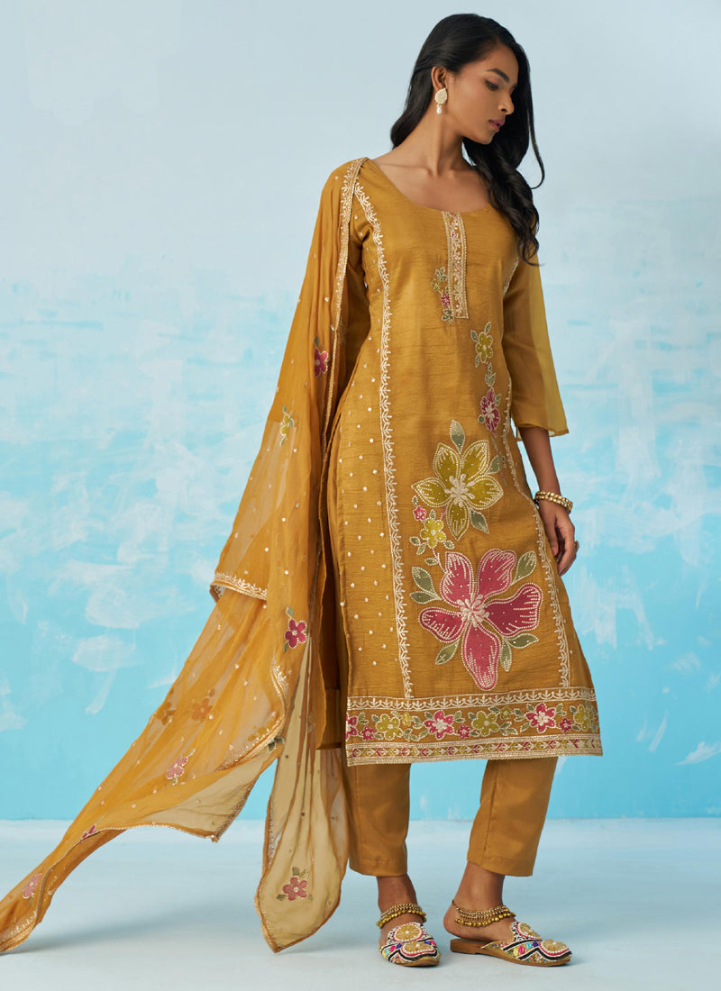 Mustard Organza Embroidered Party Wear Suit