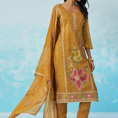 Mustard Organza Embroidered Party Wear Suit
