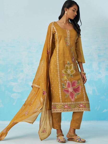 Mustard Organza Embroidered Party Wear Suit