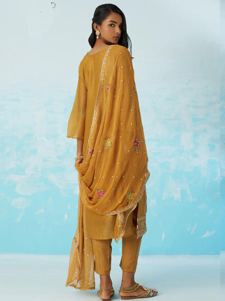 Mustard Organza Embroidered Party Wear Suit