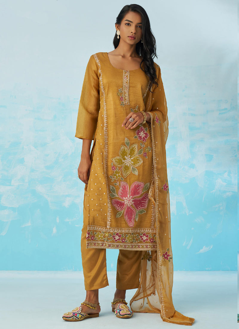 Mustard Organza Embroidered Party Wear Suit