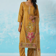 Mustard Organza Embroidered Party Wear Suit