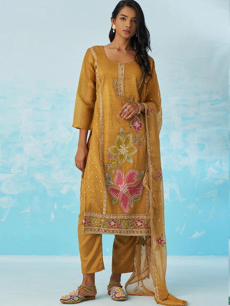 Mustard Organza Embroidered Party Wear Suit